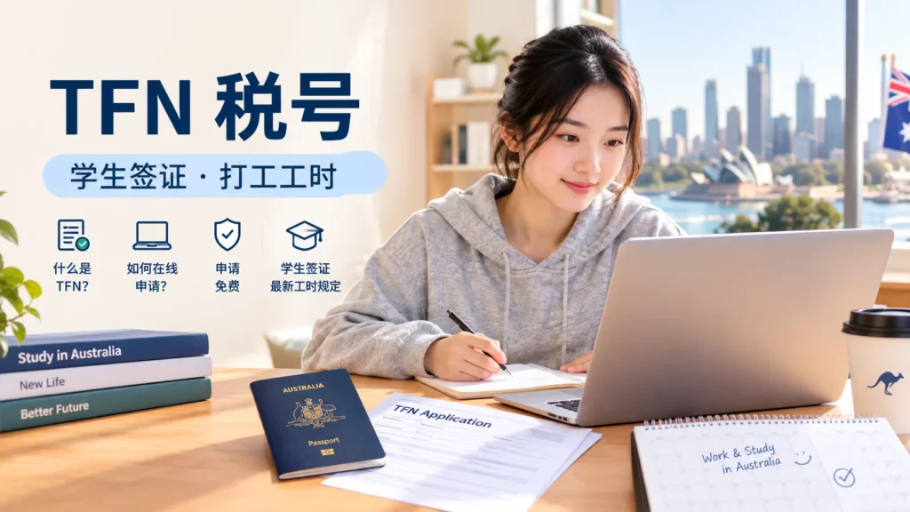 澳洲TFN税号申请示意图：学生签证打工工时、笔记本电脑、护照与TFN申请表，背景为悉尼歌剧院天际线
