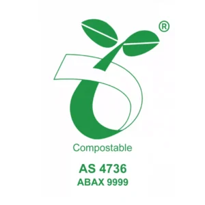 AS 4736商业/工业可堆肥认证标志：绿色“小树苗”图案，下方写着Compostable和AS 4736，绿桶（FOGO）厨余袋认准这个标志