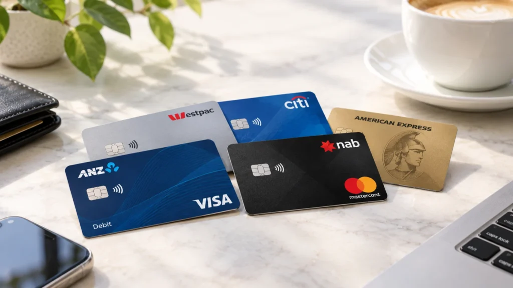 大理石桌面上的几张澳洲常见银行卡:ANZ Visa借记卡、NAB万事达卡、Westpac卡、Citi卡和American Express美国运通卡