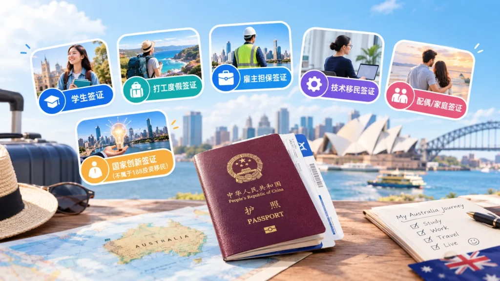 澳洲签证类型示意图：中国护照和登机牌放在澳大利亚地图上，背景是悉尼歌剧院和海港大桥，周围六个彩色图标分别标注学生签证、打工度假签证、雇主担保签证、技术移民签证、配偶/家庭签证和国家创新签证（不属于188投资移民）