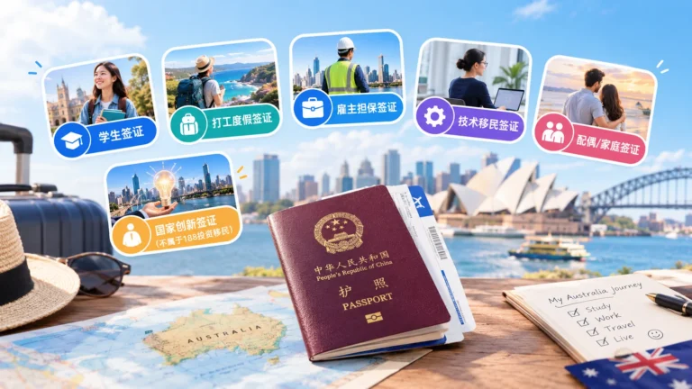 澳洲签证类型示意图：中国护照和登机牌放在澳大利亚地图上，背景是悉尼歌剧院和海港大桥，周围六个彩色图标分别标注学生签证、打工度假签证、雇主担保签证、技术移民签证、配偶/家庭签证和国家创新签证（不属于188投资移民）