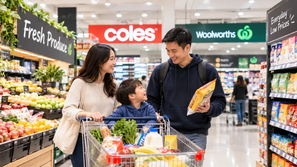 一家三口推着购物车在超市生鲜蔬果区选购,背景是Coles和Woolworths的招牌